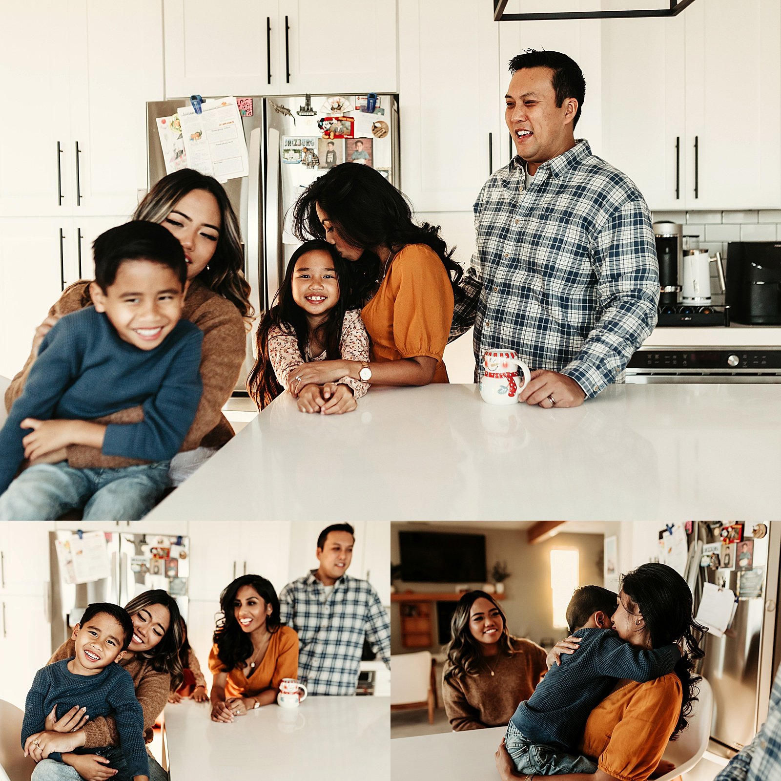  Five people gathered in the kitchen for an in-home family session 