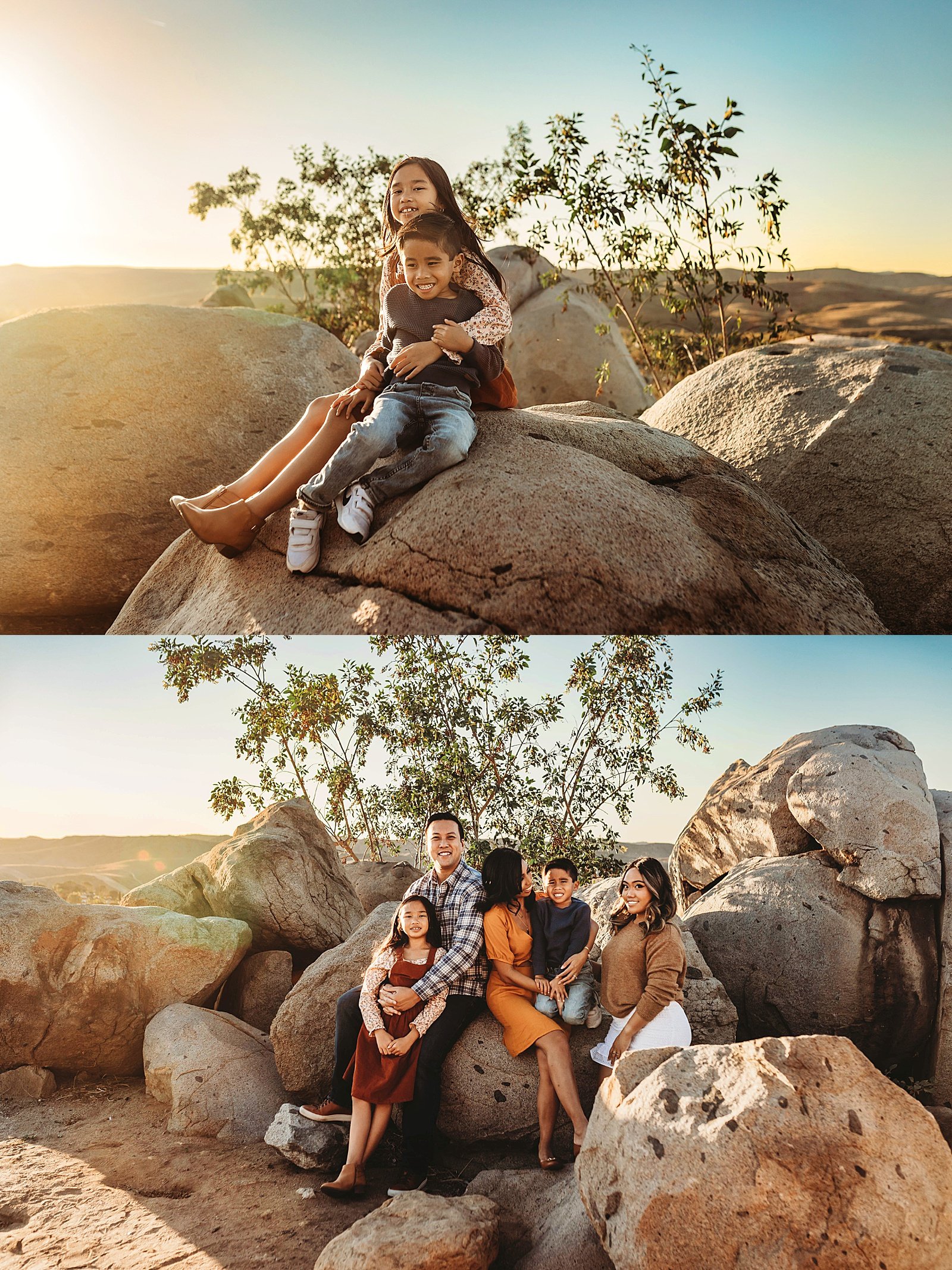  Kids sitting on a large rock after their in-home family session 