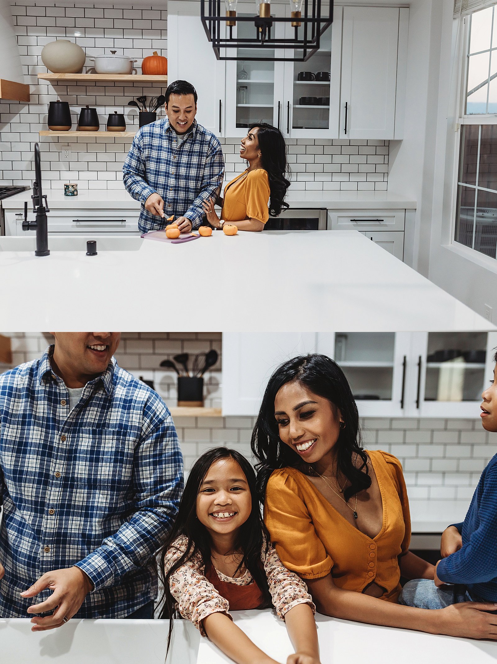 Mom and dad laughing the kitchen for their family photo shoot 