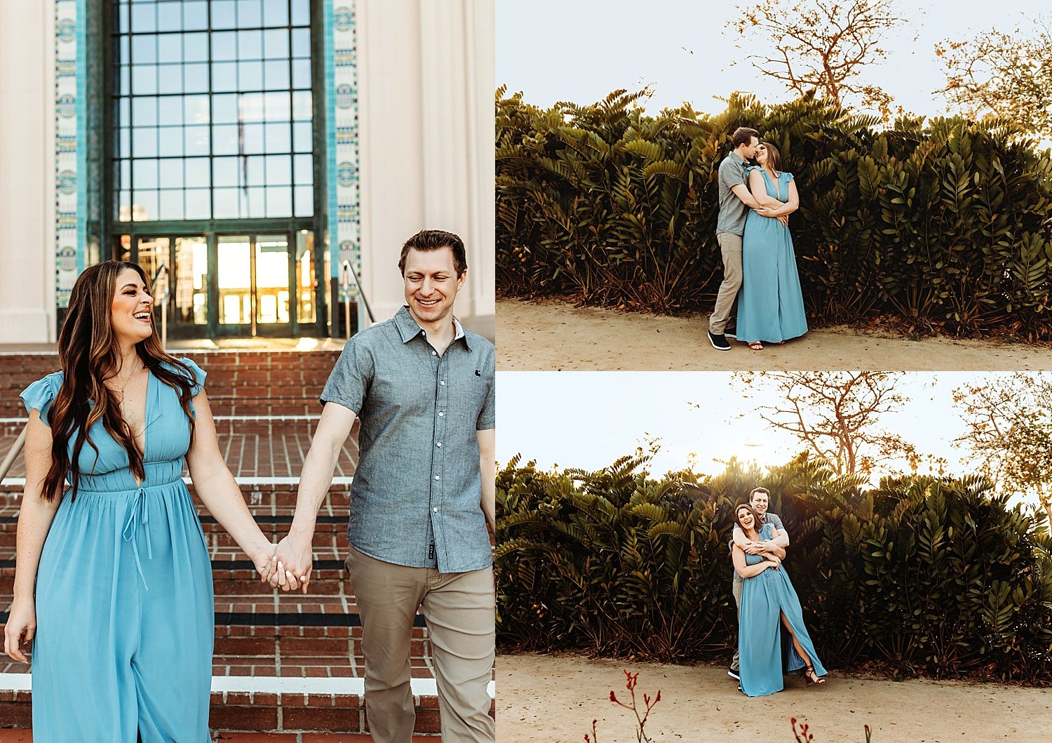  woman in blue dress and man in button down for downtown engagement session  