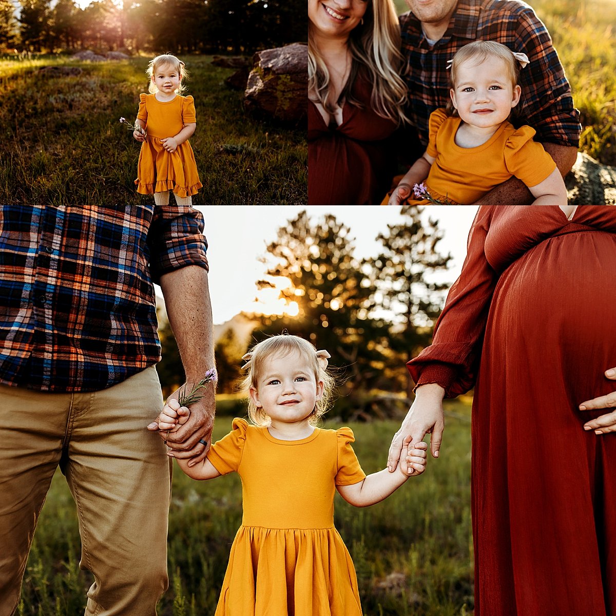  Daughter in yellow dress holding mom and dad's hand during a Boulder maternity session 