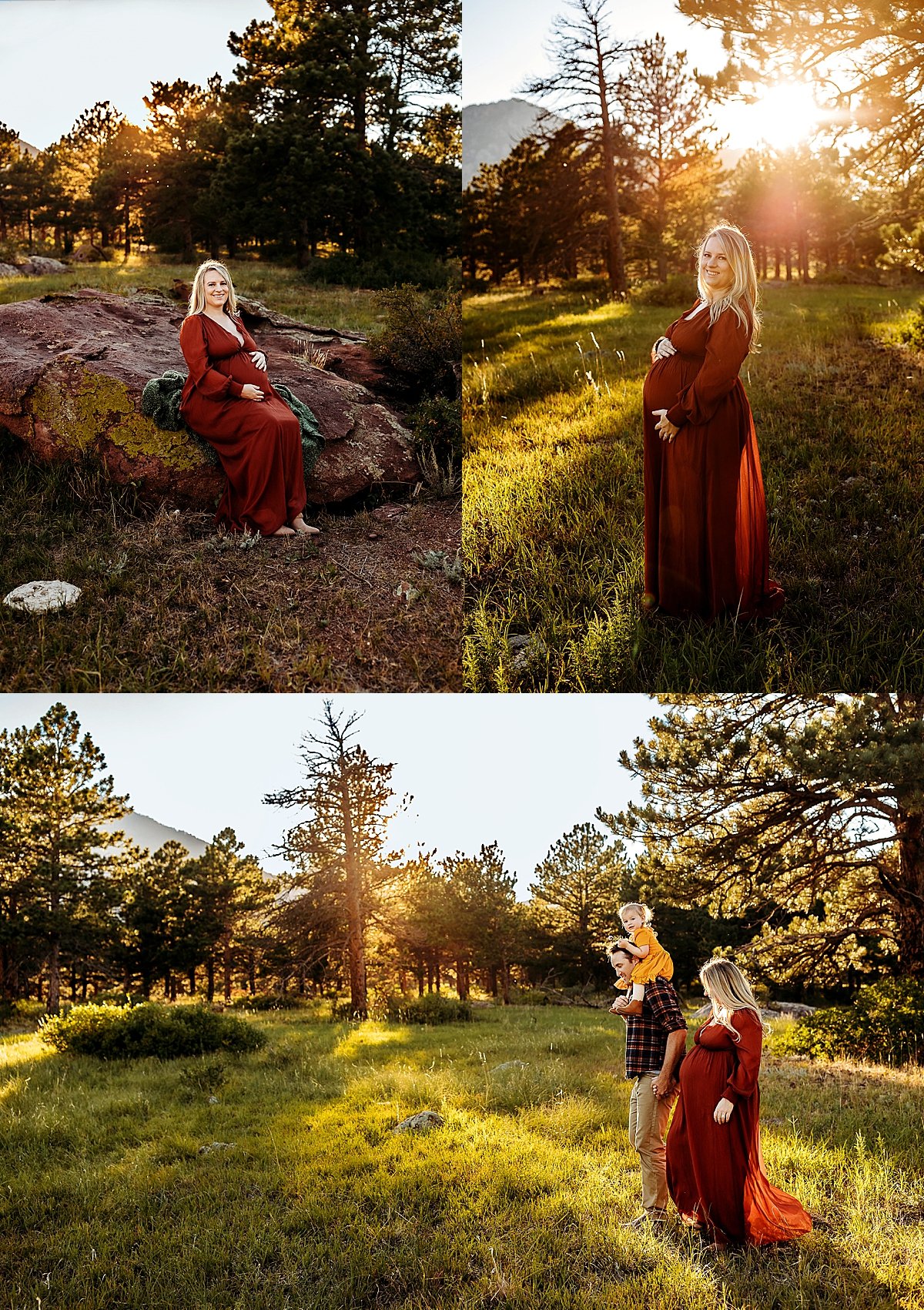  Mom in red maternity dress with daughter and husband by Boulder Colorado photographer 