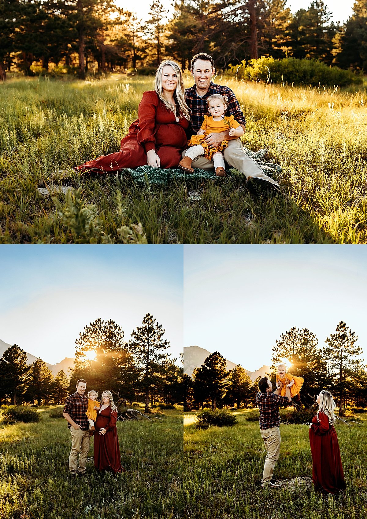  Family of three sitting in field in Colorado at Sunset by Christa paustenbaugh photography 