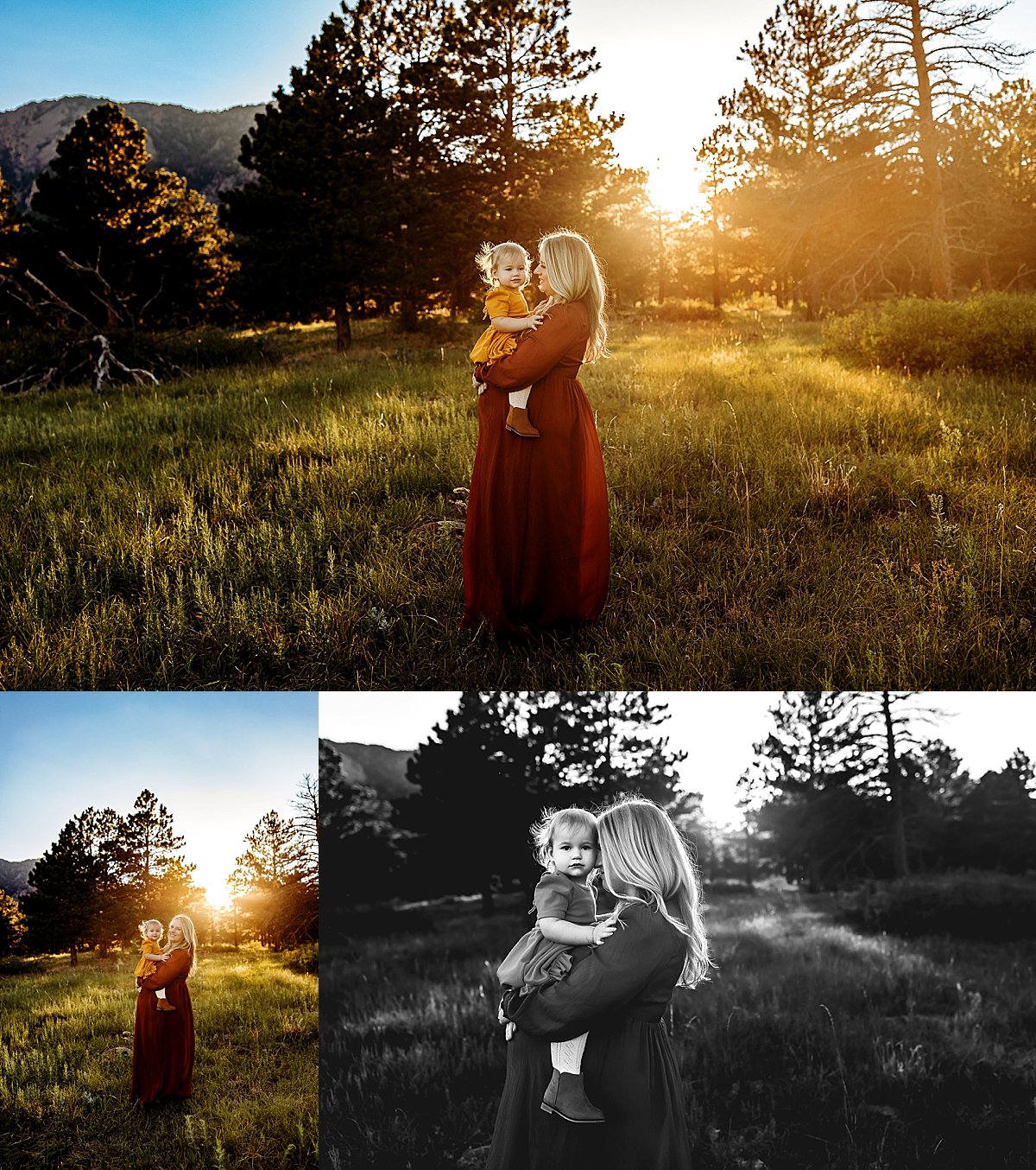  Mom and Young girl standing in the field at sunset during destination family session 
