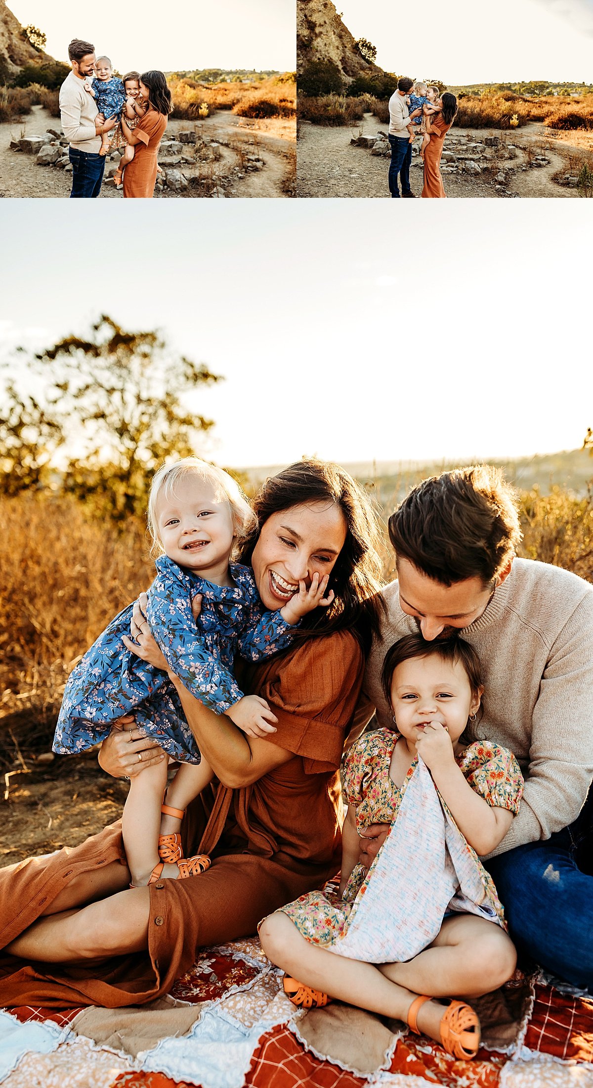  mom and dad holding two kids on blanket while laughing by carlsbad family photographer 