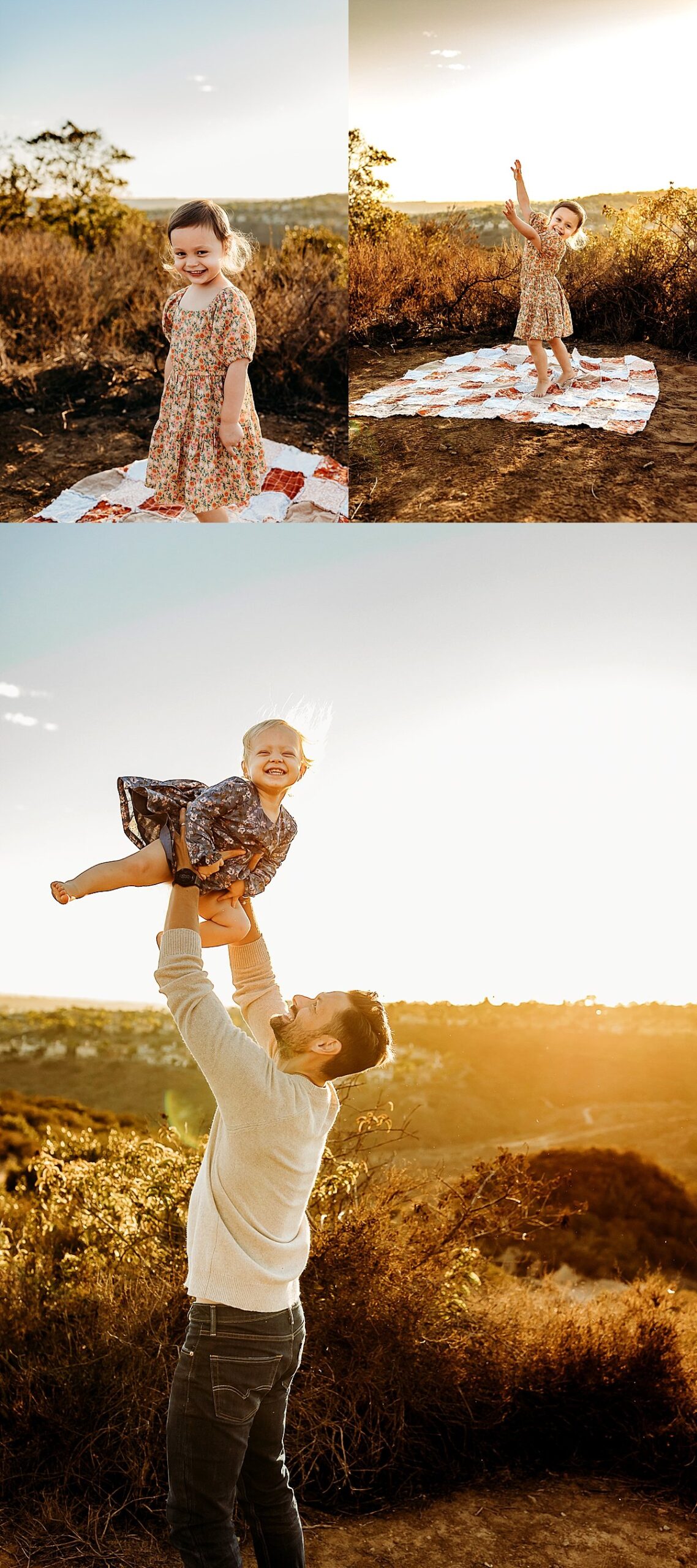  dad throwing daughter up into air wearing a blue floral dress by carlsbad family photographer 
