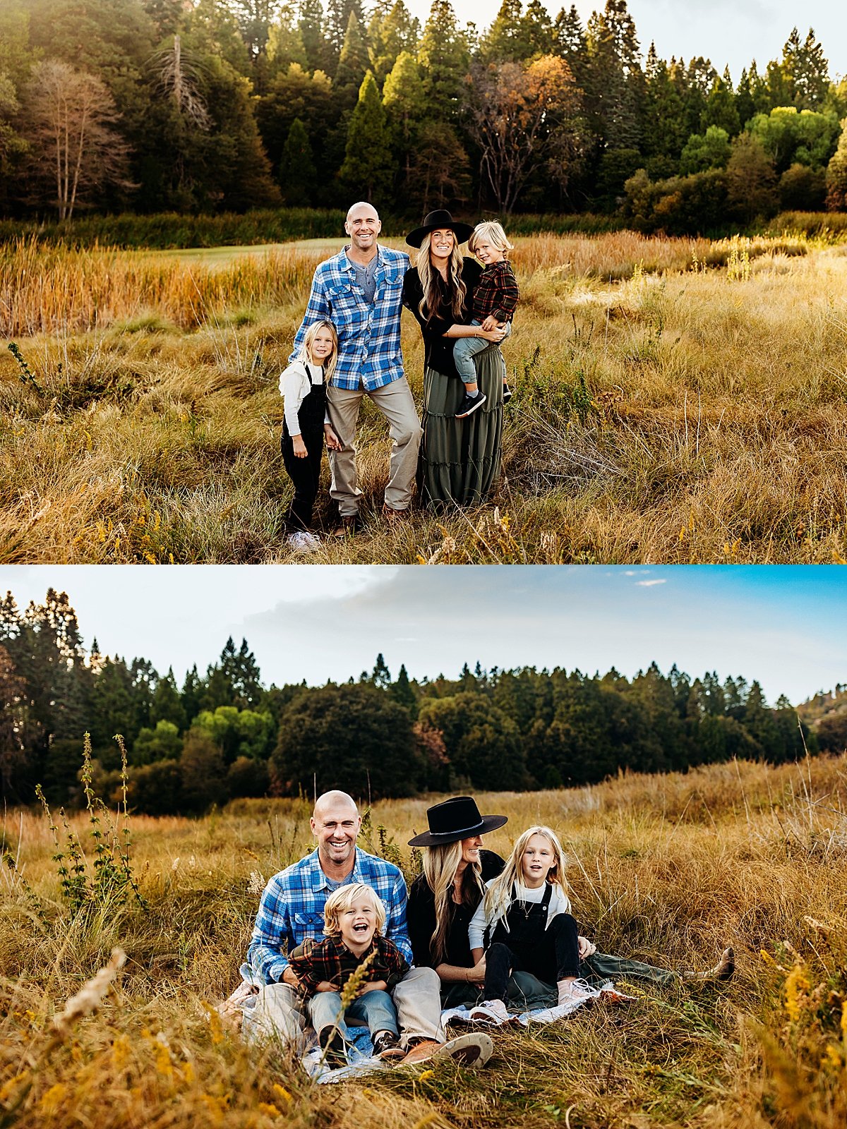  four people in tall golden grass with kids during an Estes Park mountain family session 