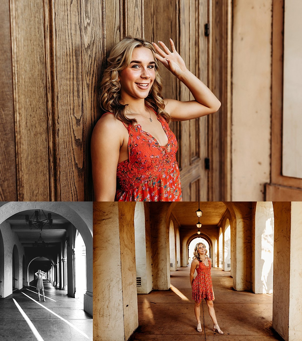  cheerleader wearing blush pink dress in front of museum by San Diego senior photographer 