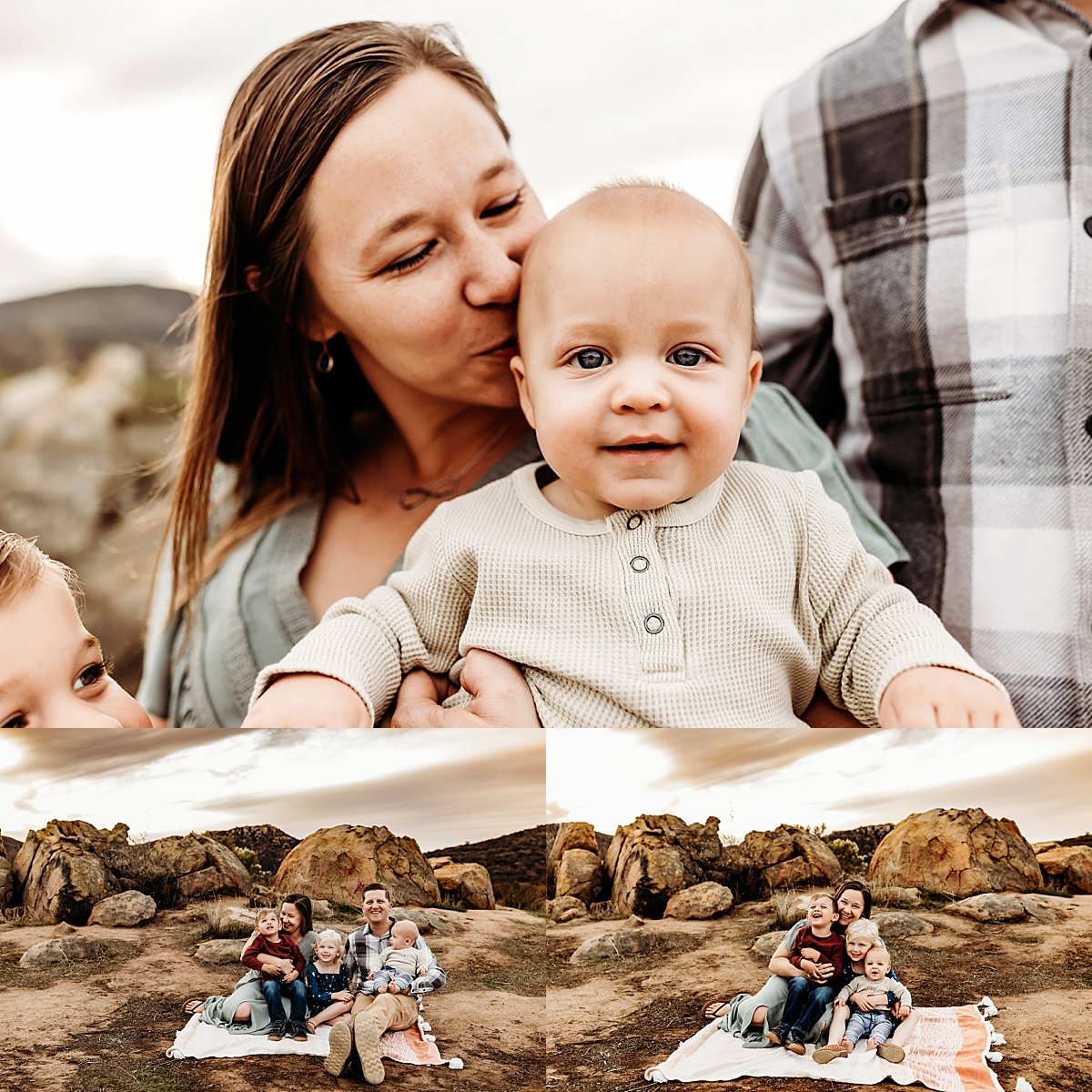  mom kisses youngest kid during sunset with Colorado photographer 