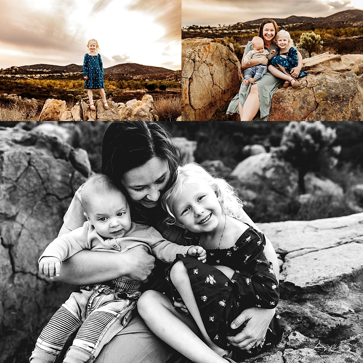  mom and her two daughters sitting on the rocks in boulder for fort Collins family session 
