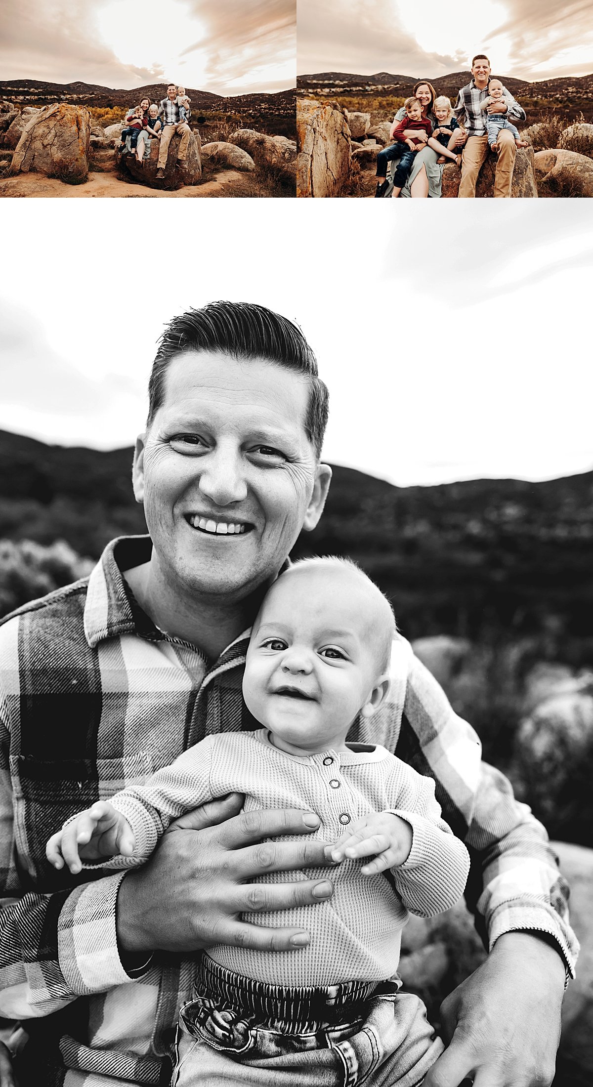  dad holding youngest kid sitting on the rocks in jeans by Colorado photographer 