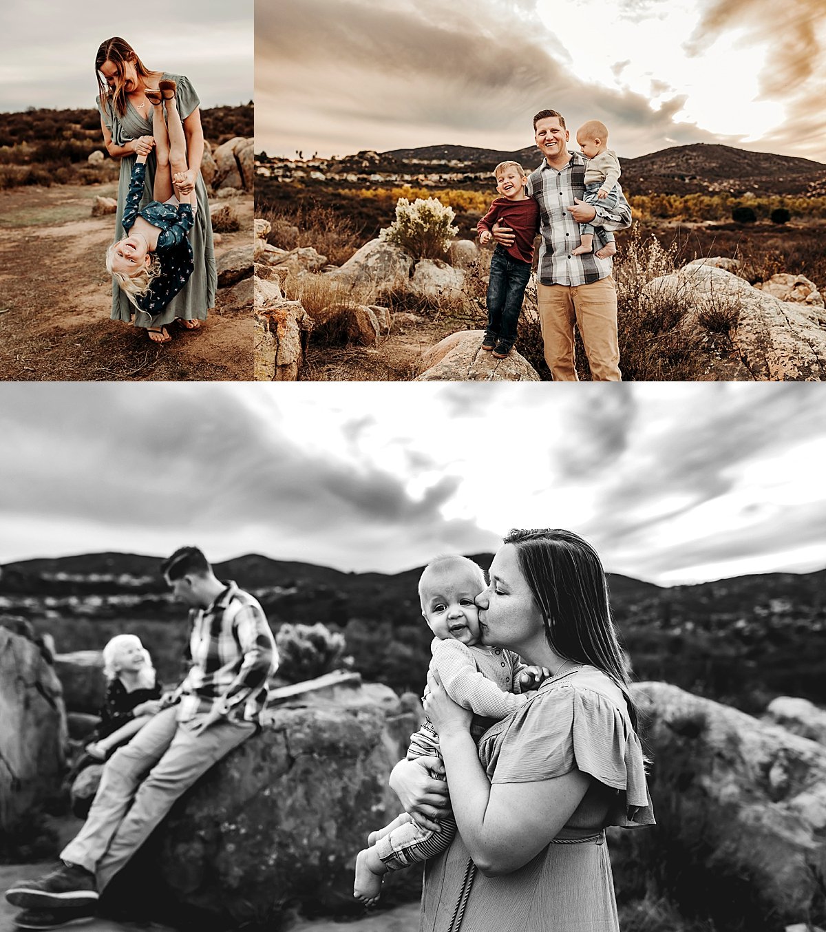  mom kisses daughters cheeks while dad plays with oldest for Fort Collins family session 