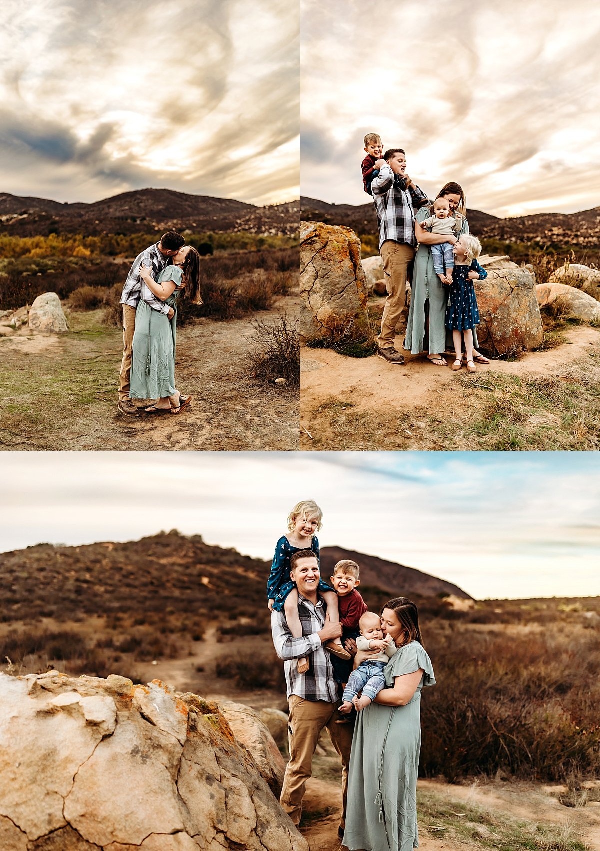  sunset overlooking the boulders with group of five walking along dirt path for Fort Collins family session 