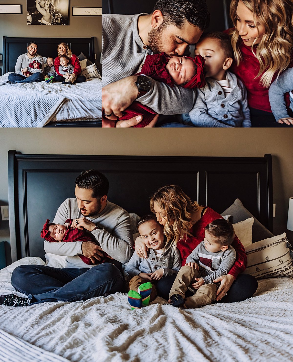  parents and kids sitting on bed with baby by Fort Collins newborn photographer 