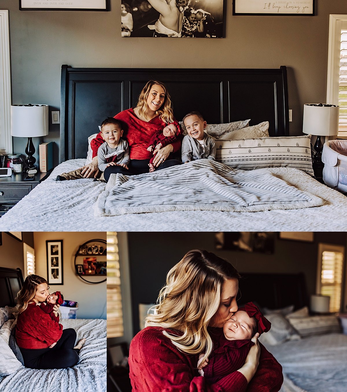  mom sitting with her three kids during family session in master bedroom by Christa paustenbaugh photography 