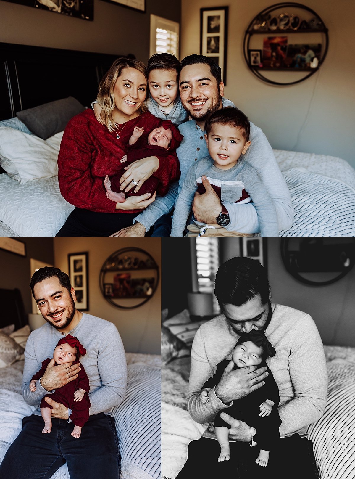  mom and dad holding kids on bed during midday home session by Christa paustenbaugh photography 
