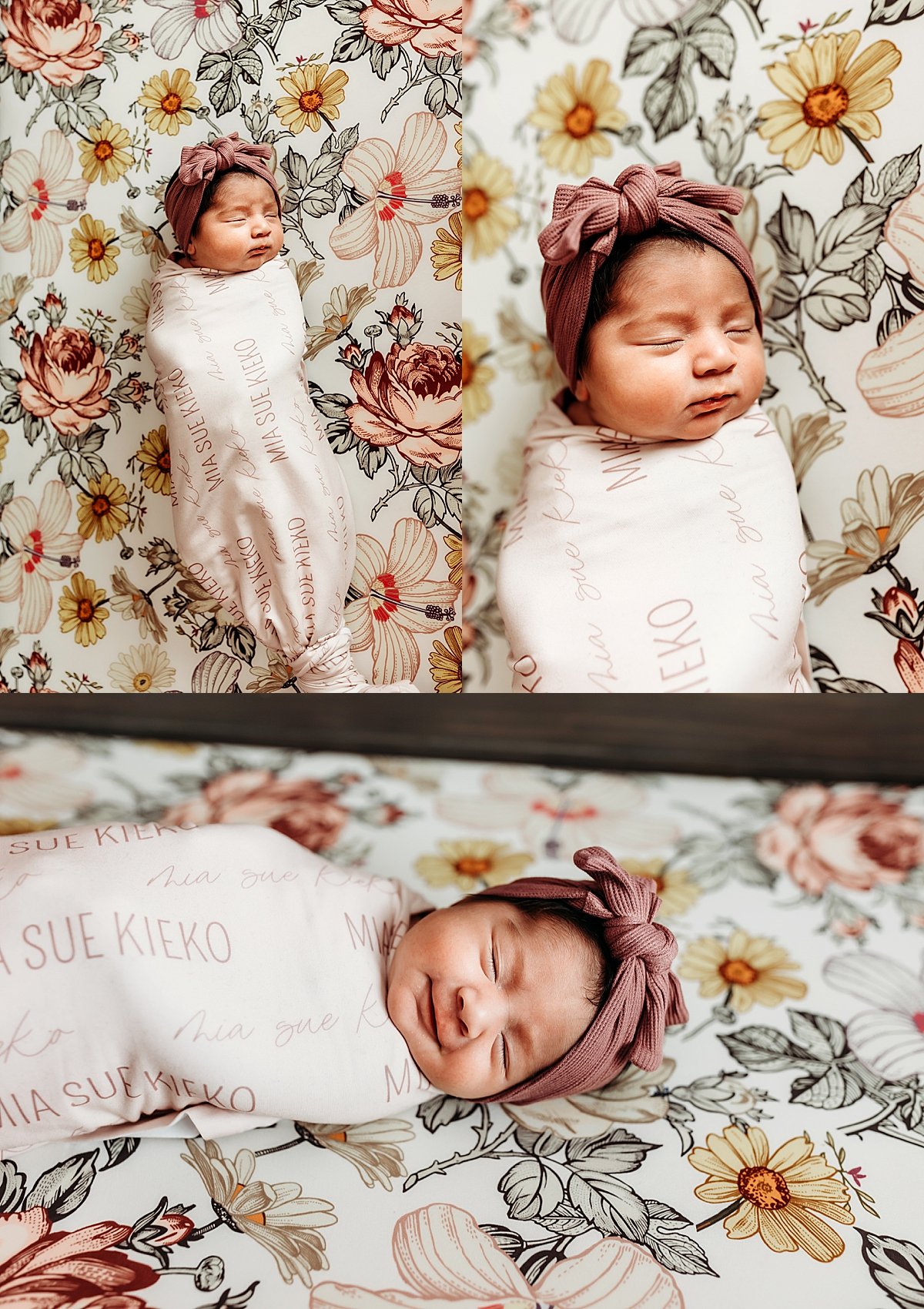  newborn in white swaddle and pink headband on bed by Christa paustenbaugh photography 