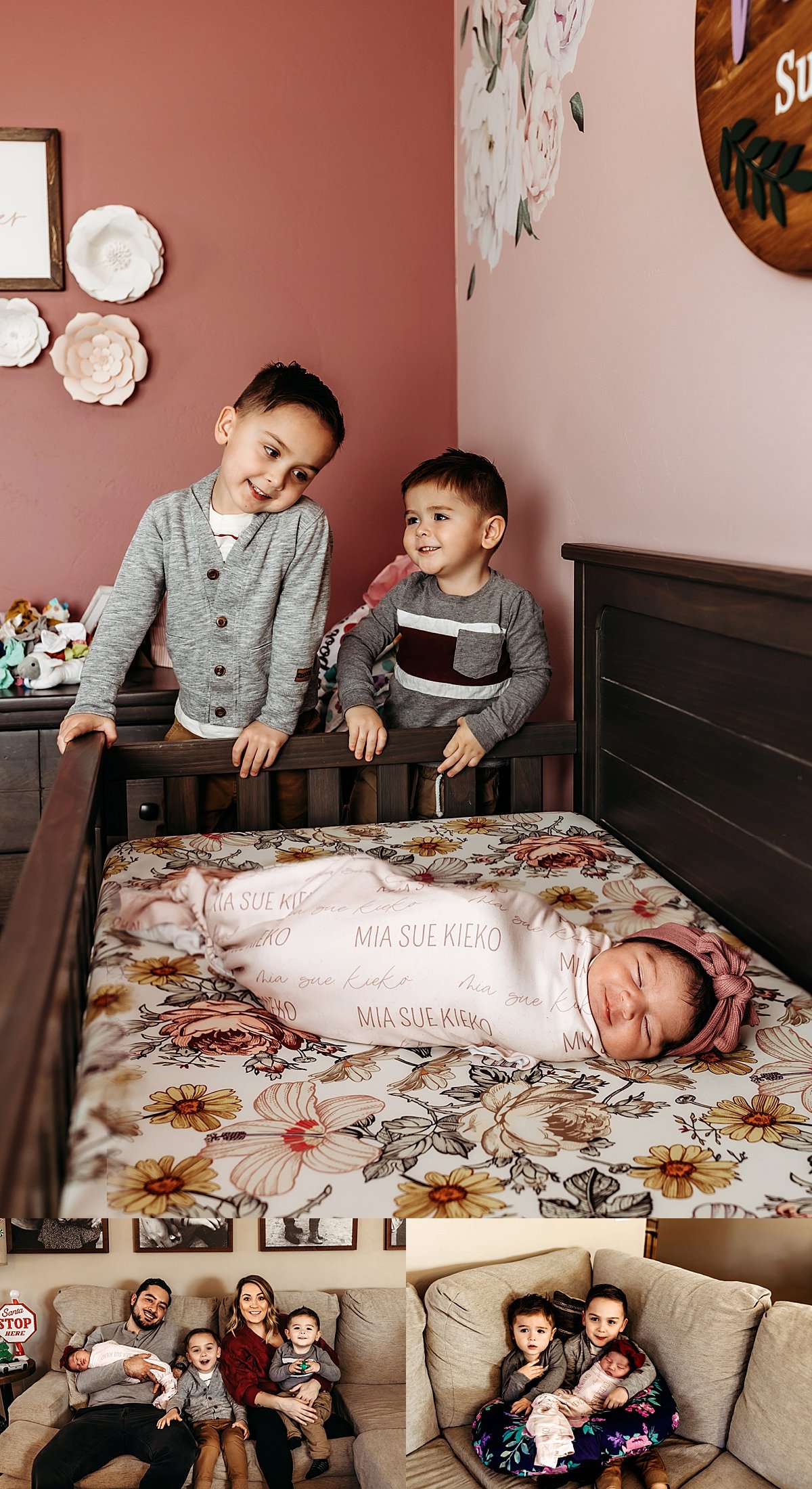  two older brothers look over new sister in home nursery by Fort Collins newborn photographer 