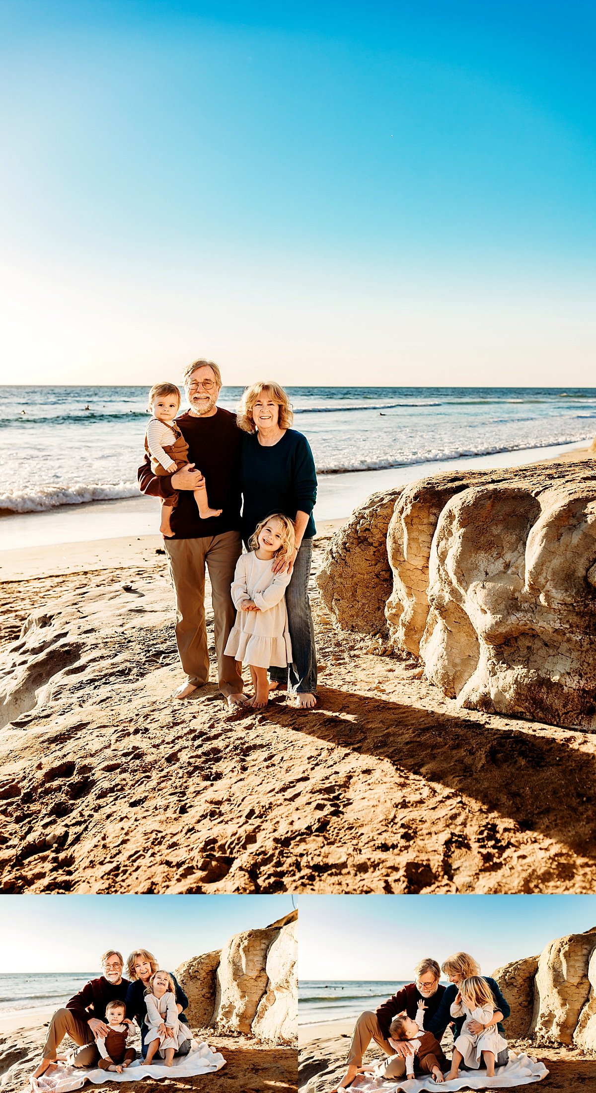  grandparents with daughter standing on the rocks for golden hour family session 