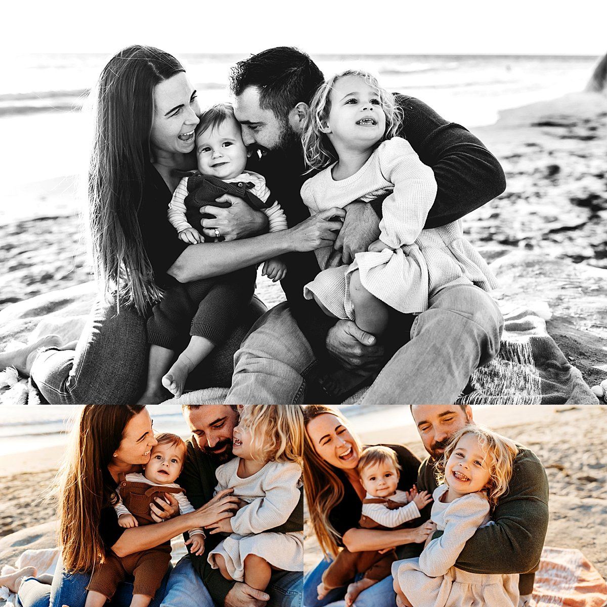  family of four holding on another on the beach for golden hour family session 