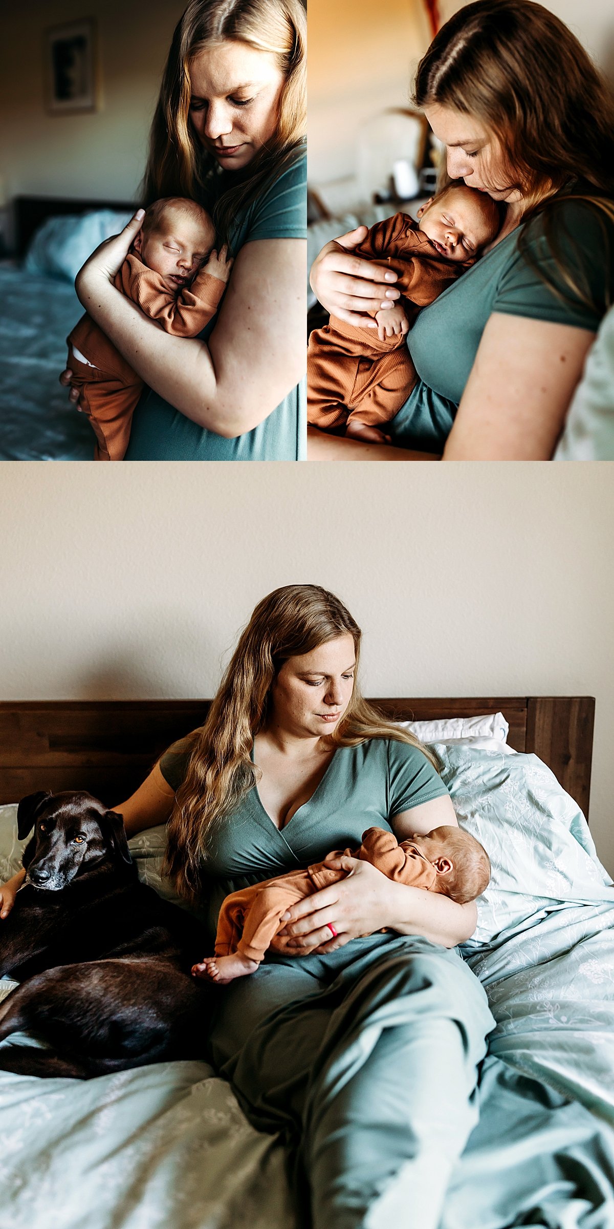  mom holds newborn baby close to chest during her Fort Collins newborn photography session 