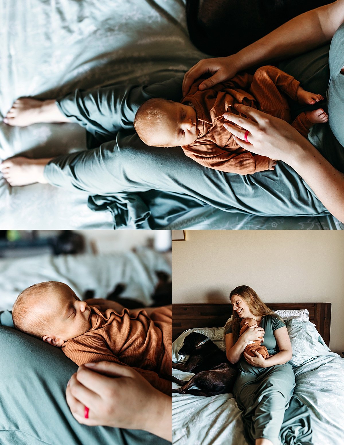  baby laying on moms lap in master bedroom of in home newborn session 