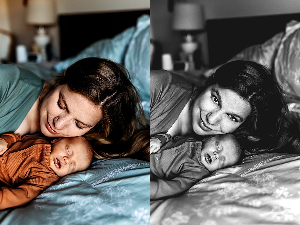  mom and baby laying on bed in master bedroom by fort collins newborn photographer 