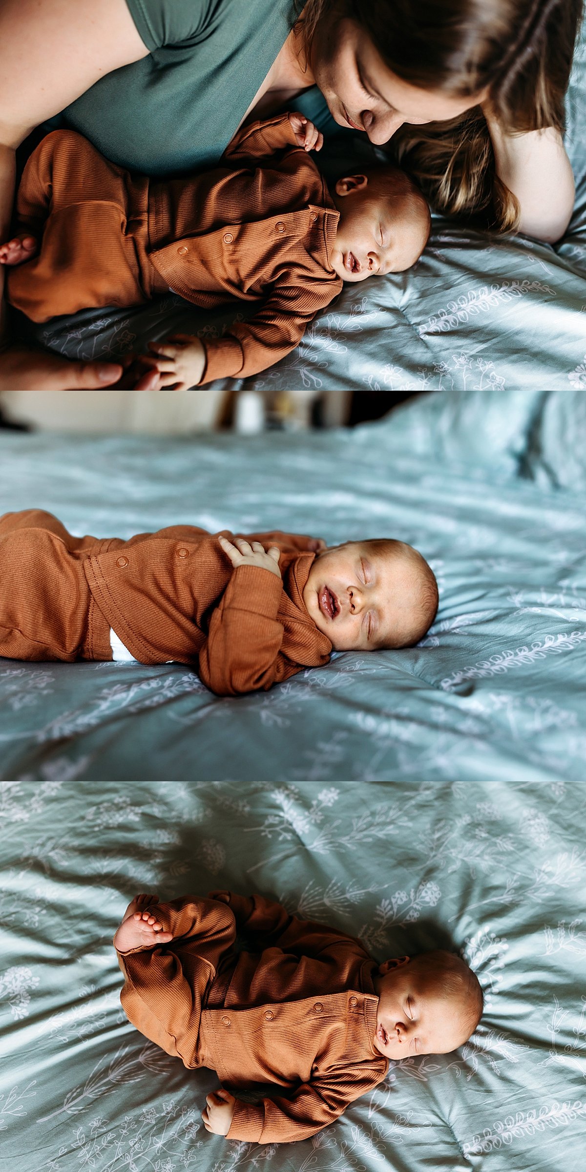  baby wearing tan onesie on moms bed by christa paustenbaugh photography 