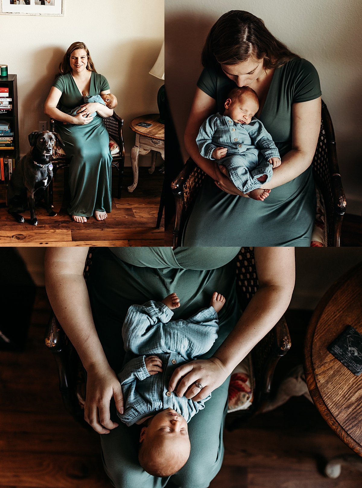  mom kisses forehead of baby sitting on her lap during in home newborn session 