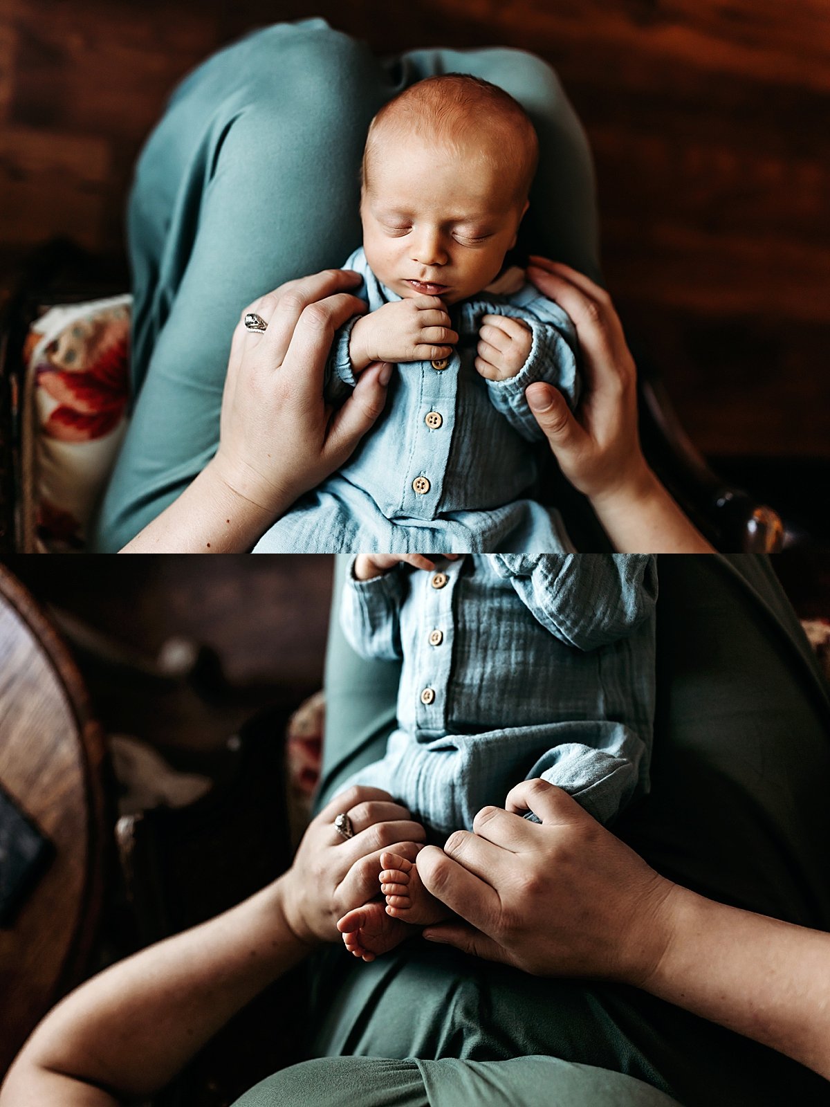  mom holding her baby’s hands and toes on her lap by fort collins newborn photographer 