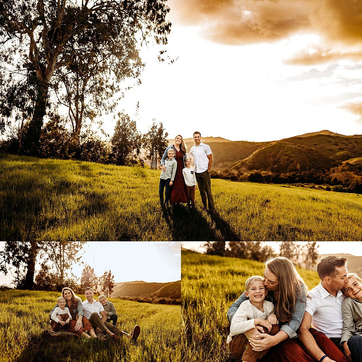  mom and dad with two kids in grass for sunset field family session 