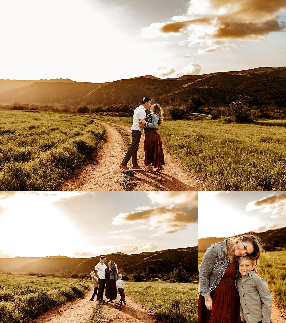  mom and dad standing in gravel path wearing a maroon dress for sunset field Loveland family session 