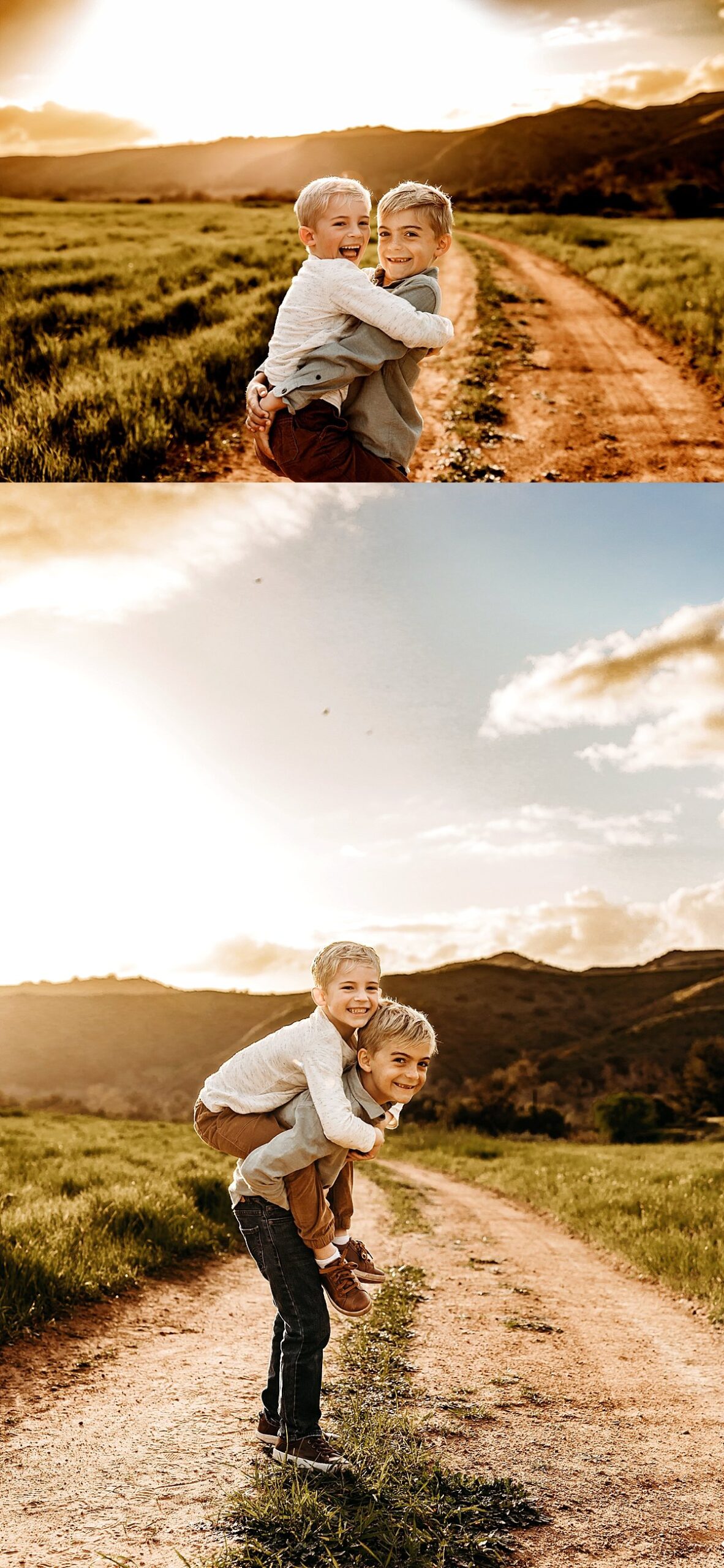  older son giving younger brother a piggy back ride along gravel path by fort collins photographer 
