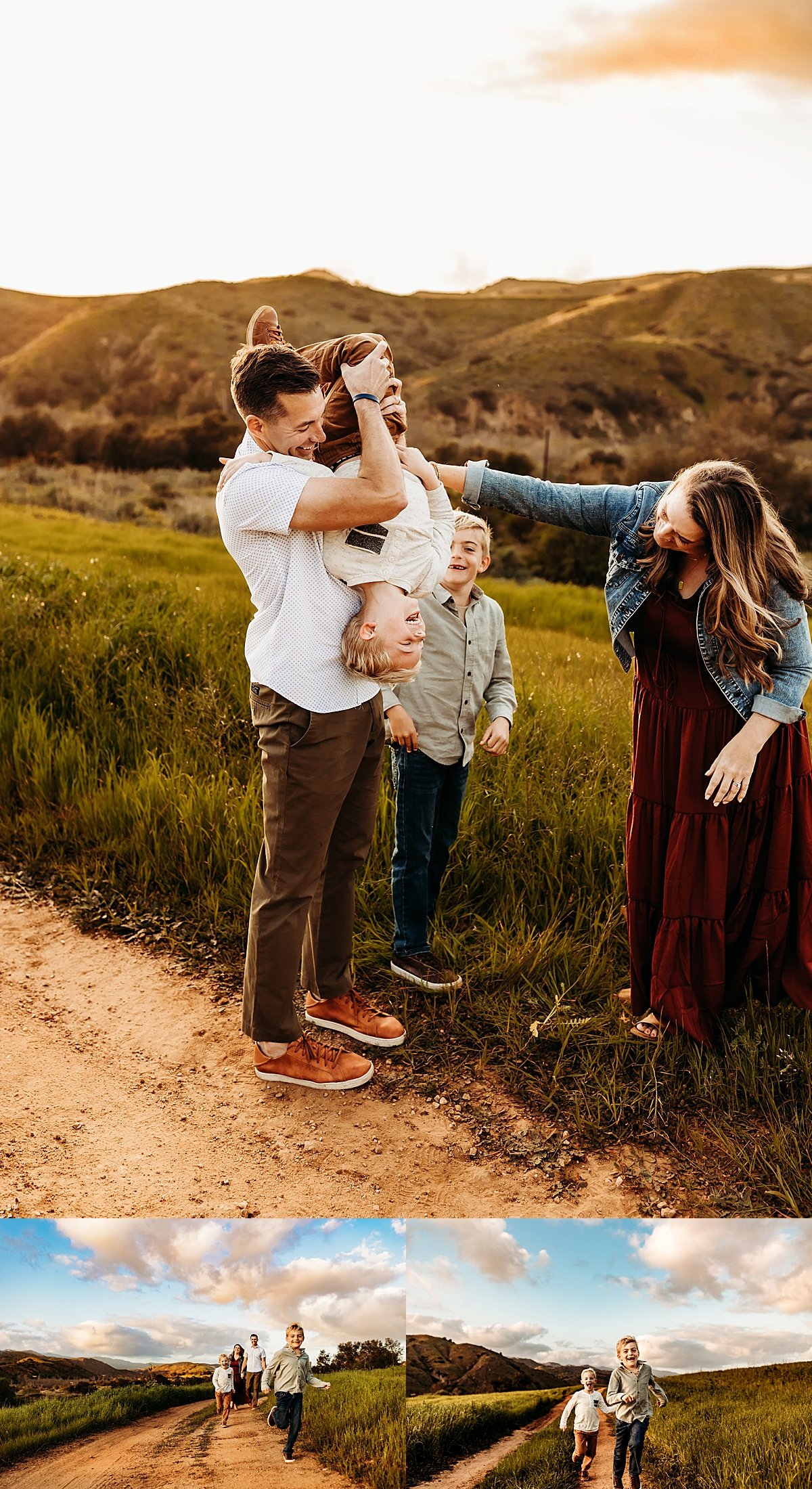  dad holds son upside down while mom tickles him on gravel path by christa paustenbaugh photography 