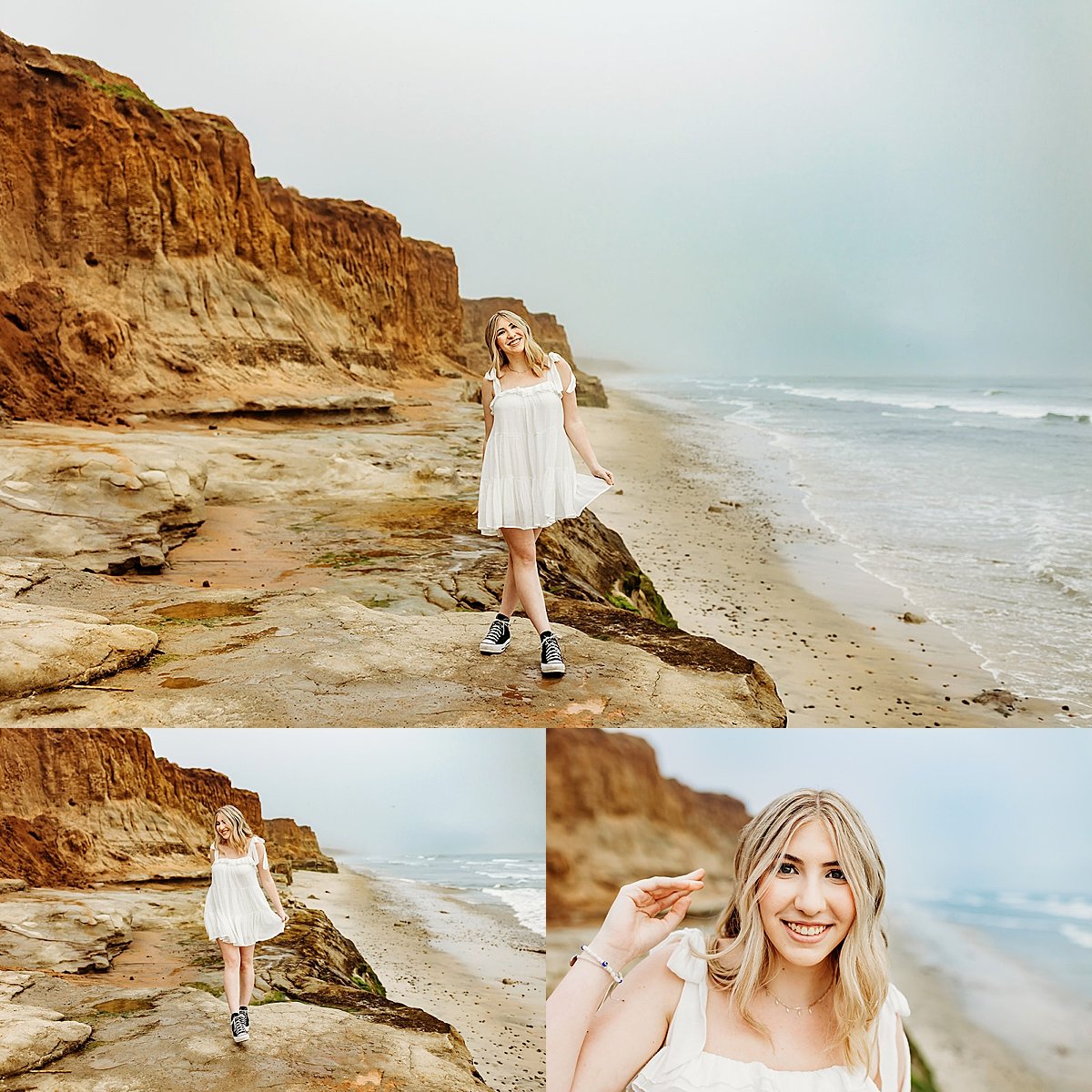  high school senior wearing converse and short white dress for cliffside photography session 
