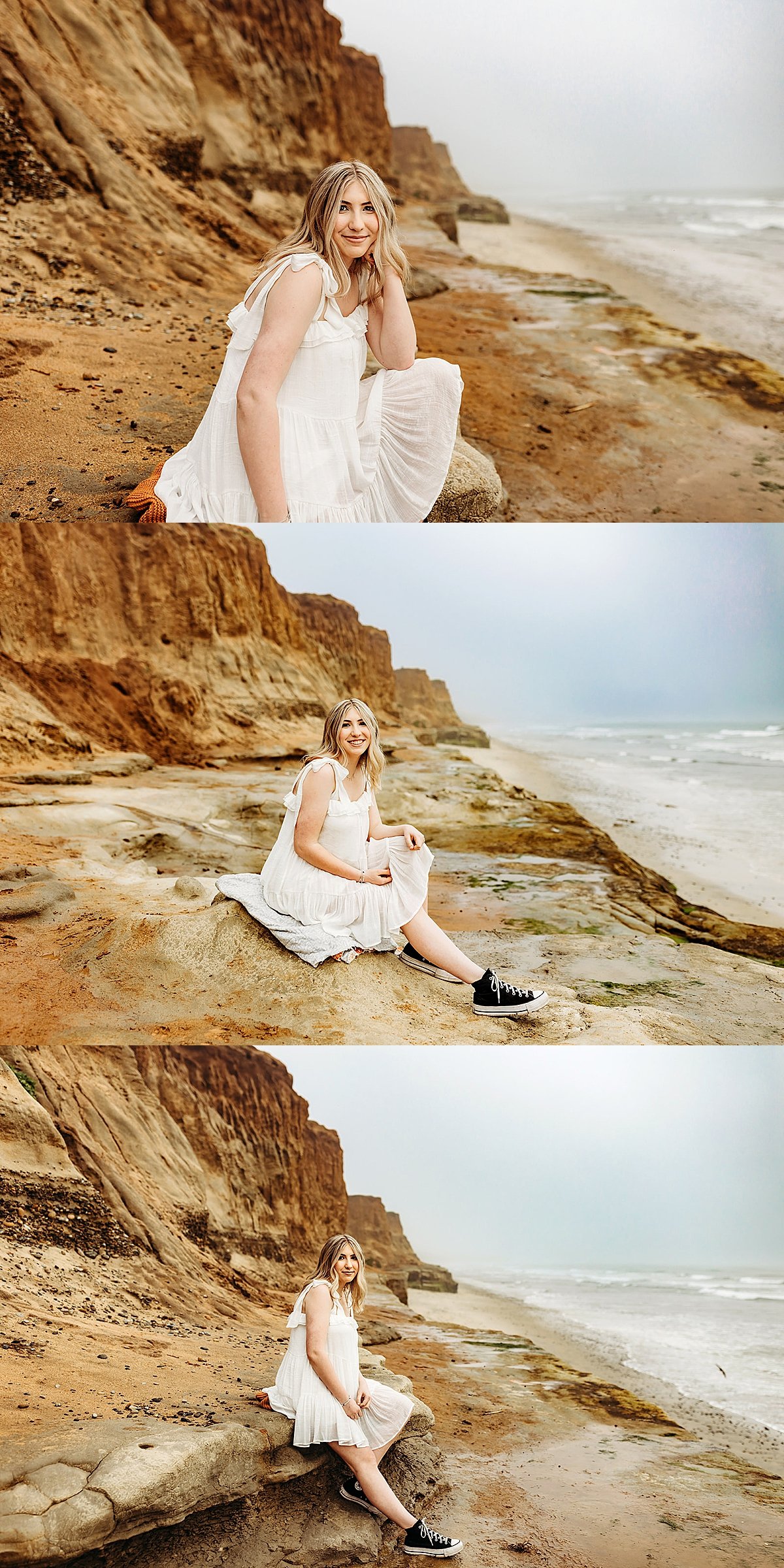  high school senior girl wearing black converse shoes and white dress sitting on the cliffs in Fort Collins 
