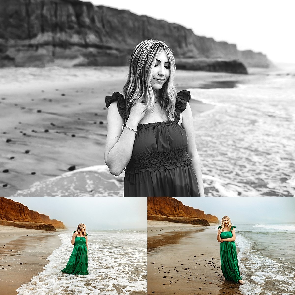  senior wearing long green dress standing in the water during cliffside portrait session 