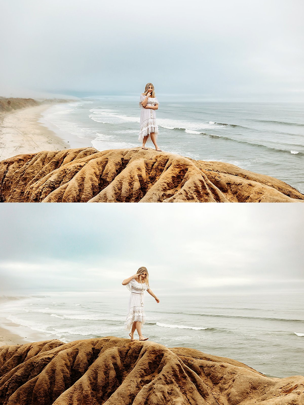  senior girl dancing along the edge the west coast cliffs wearing white dress by christa paustenbaugh photographer 