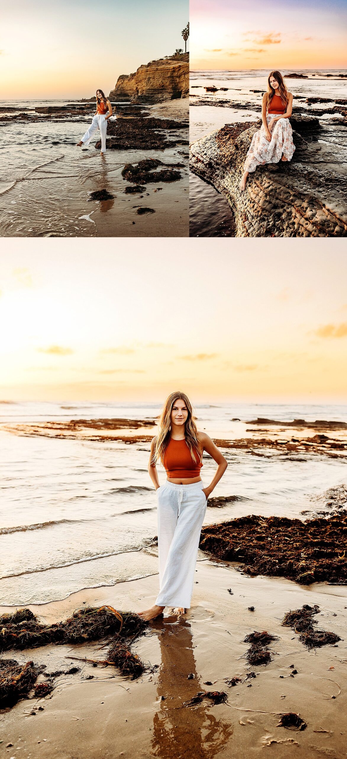  high school senior wearing white flare pants and red top standing on sandy beach at sunset cliffs 