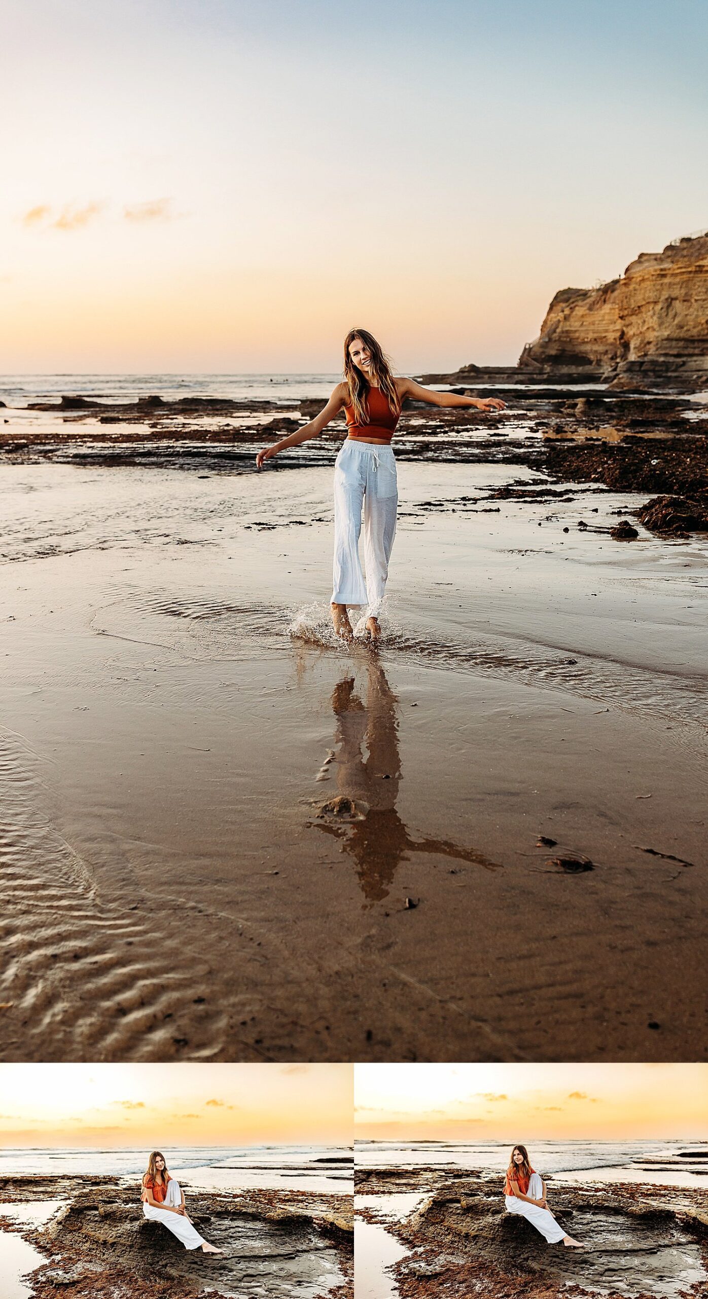  walking along the coast line in white pants at dusk for lifestyle session by Christa paustenbaugh photography 