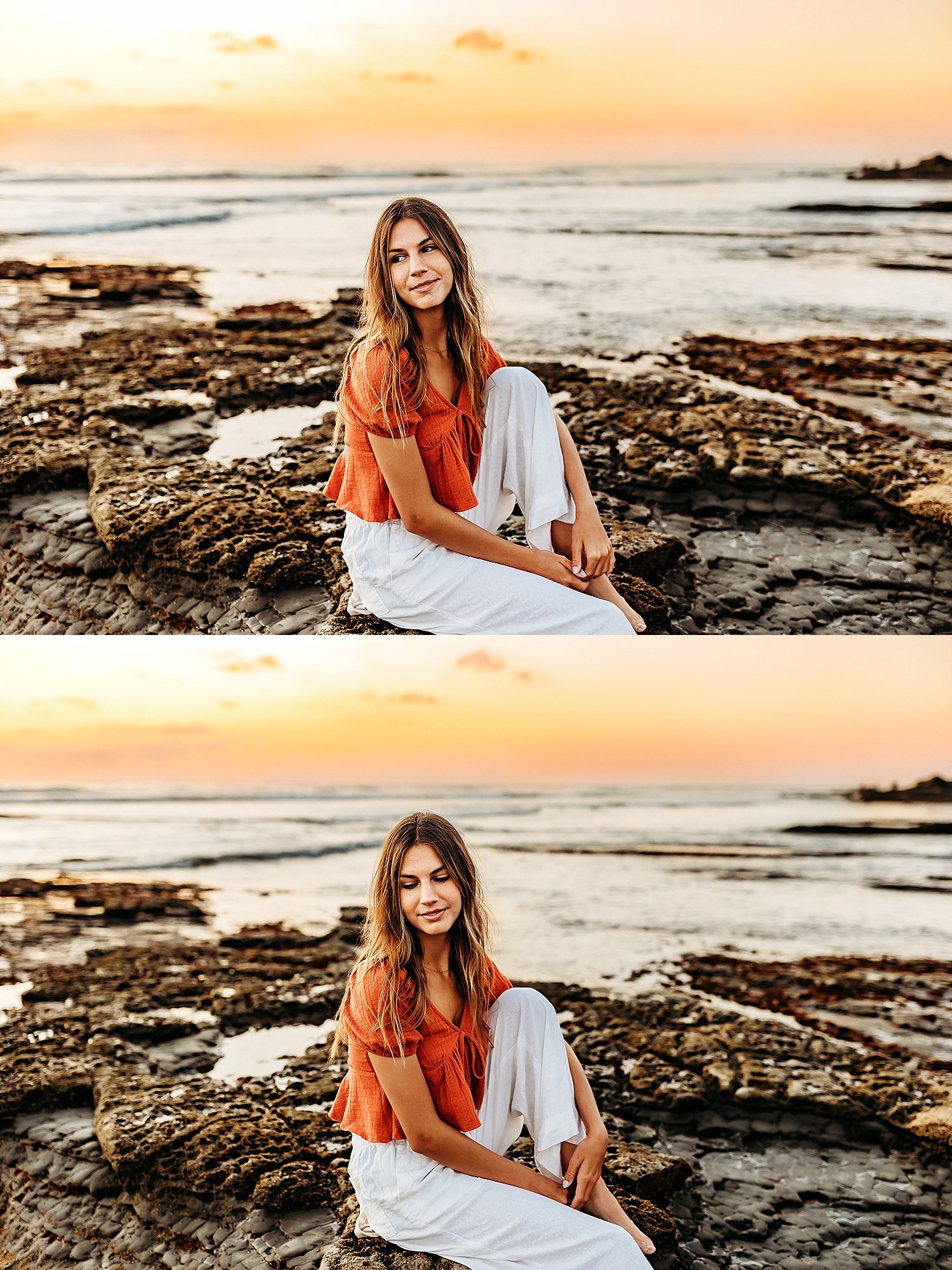  high school senior girl sitting on the sunset cliffs in pants and shirt for lifestyle session 