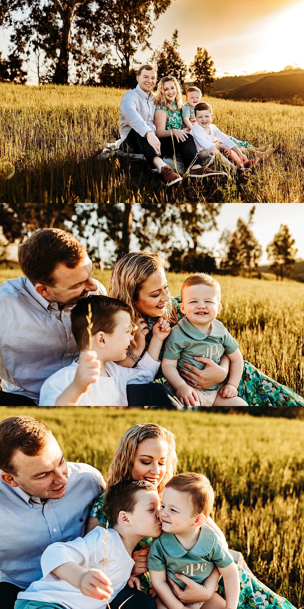 family of four sitting in grass field during golden hour with photographer 