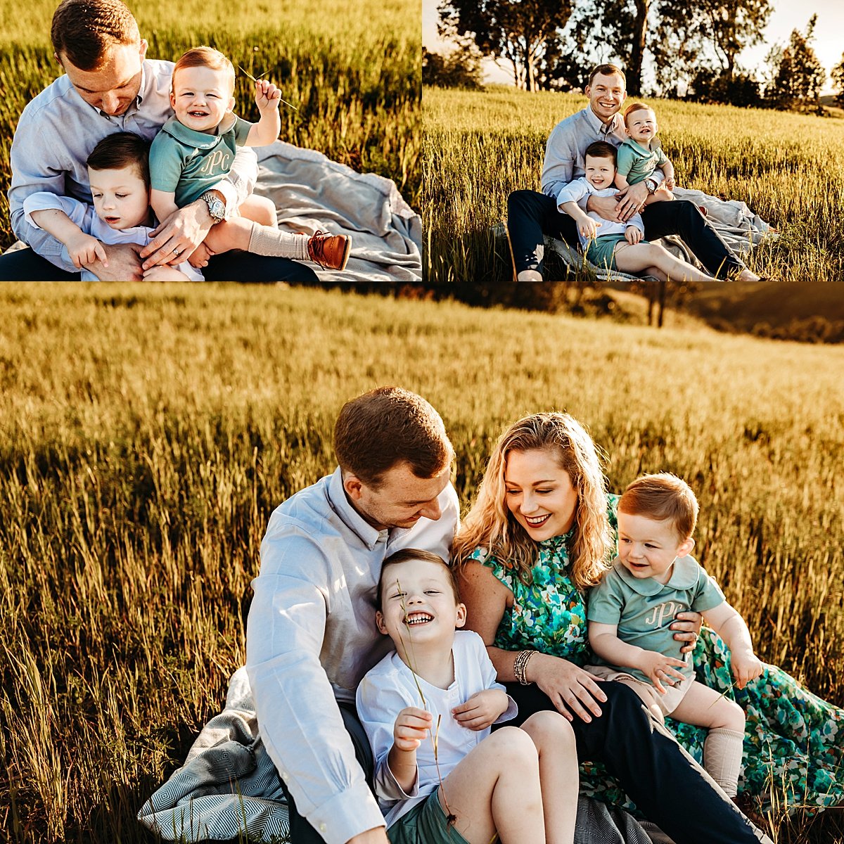  family of four laughing in the golden field by fort collins family photographer 