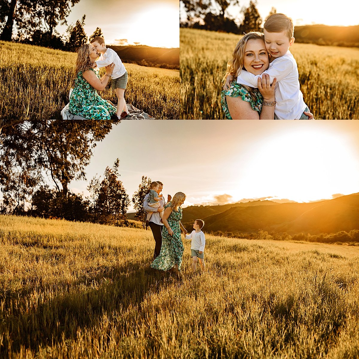 mom holding youngest boy in family of four session with photographer at golden hour 