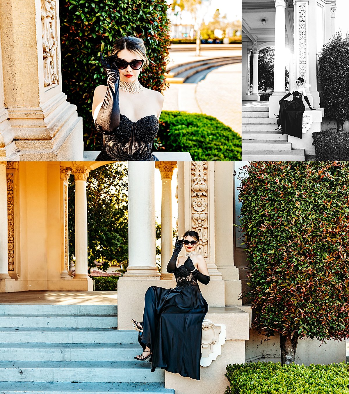  senior girl wearing long lace gloves and black dress during regal prom session 