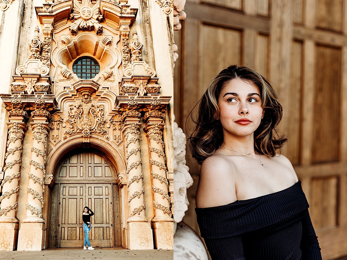  girl standing in front of large church door during portrait session by fort collins senior photographer 